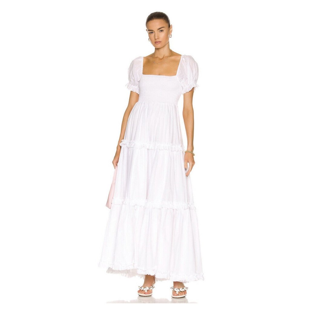 Caroline Constas Zuri Dress White Maxi Tiered Puff Sleeve